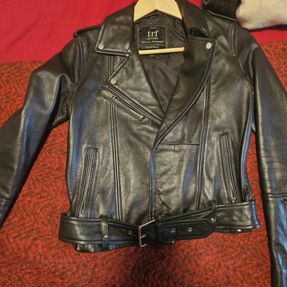 Zara TRF Black Genuine Leather Belted Moto Jacket